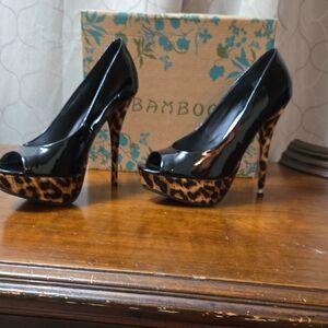 BAMBOO Black and Leopard Platform Heels